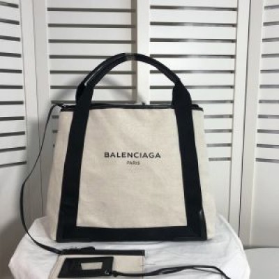 Balenciaga Medium Navy Cabas Canvas In Beige