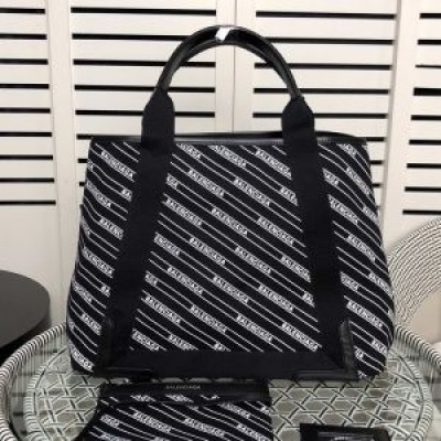 Balenciaga Medium Navy Cabas Logo Striped Canvas In Black