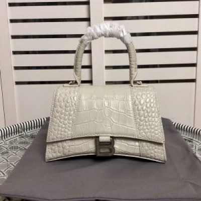 Balenciaga Small Hourglass Handbag Crocodile Embossed Leather In White