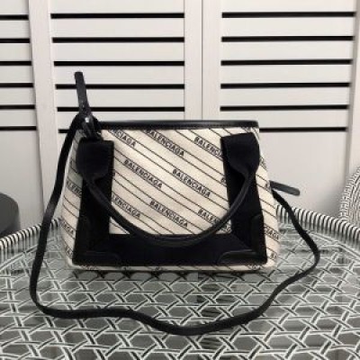 Balenciaga XS Navy Cabas Logo Striped Canvas In White