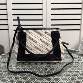 Balenciaga XS Navy Cabas Logo Striped Canvas In White